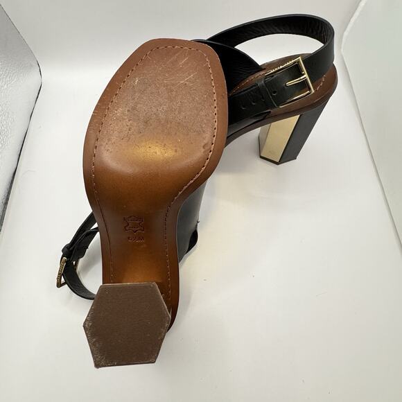 Tory Burch Bleeker Black Leather Slingback Gold Heels Sandals size 6.5 Designer - Picture 12 of 16